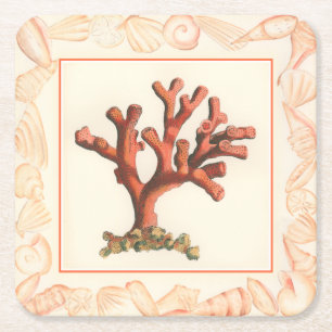 Red Coral with Conch Shell Border Square Paper Coaster