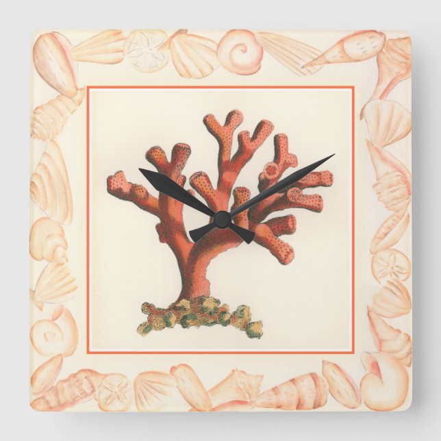 Red Coral with Conch Shell Border Square Wall Clock (Front)