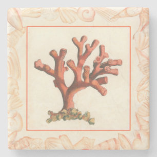 Red Coral with Conch Shell Border Stone Coaster