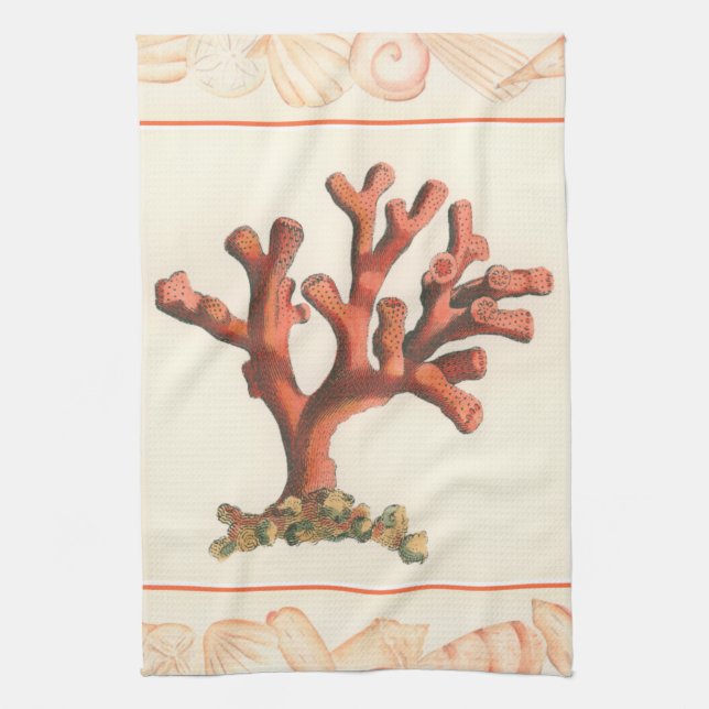 Red Coral with Conch Shell Border Tea Towel (Vertical)