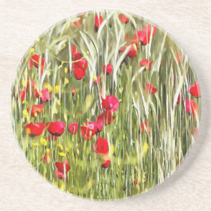 Red Corn Poppies Realistic Art Coaster