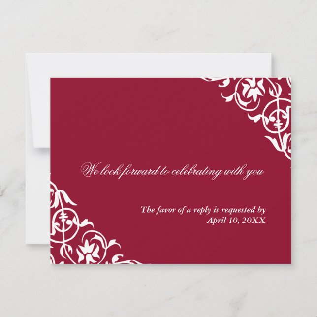Red corner scroll wedding enclosure RSVP response Invitation (Front)