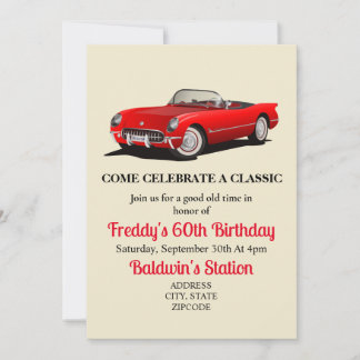 Red corvette, classic birthday, Corvette birthday Invitation