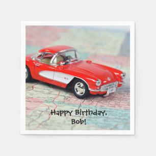red corvette sports car on road map-Birthday Napkin