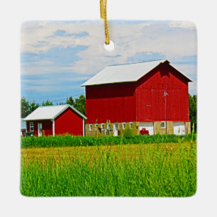 Red Country Barn and Pasture Ceramic Ornament
