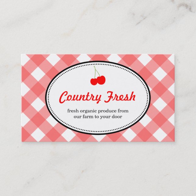 Red country gingham pattern sweet cherry produce business card (Front)