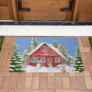 Red Country House Snow Christmas Scene  Doormat