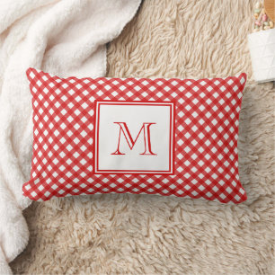 Red Country Style Gingham Pattern Monogram Lumbar Cushion