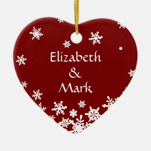Red Couple Name Year Christmas Snowflake Heart Ceramic Tree Decoration (Front)