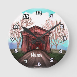 Red Covered Bridge Round Clock