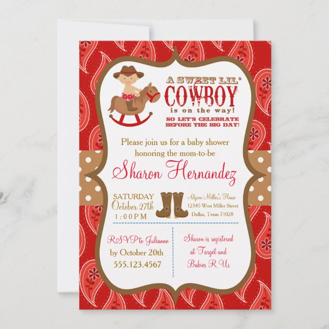 Red Cowboy Baby Boy Shower Invitation (Front)