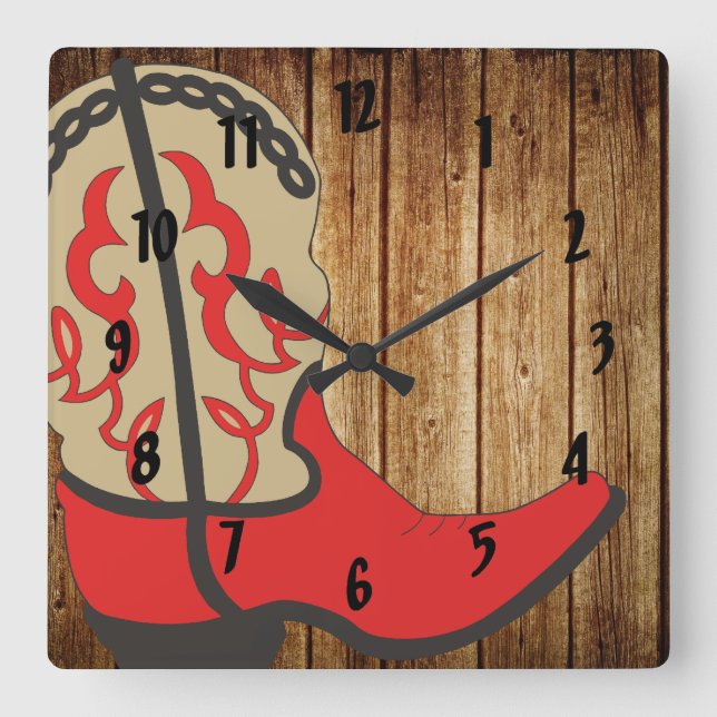 Red Cowboy Boot Square Wall Clock (Front)