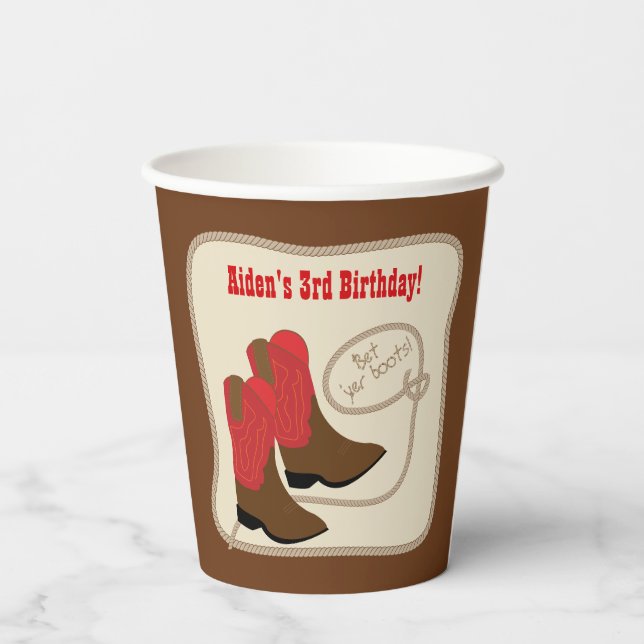 Red Cowboy Boots Boys Western Birthday Party Paper Cups (Back)