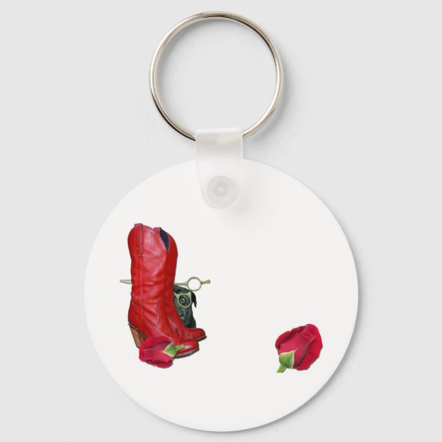 Red Cowboy Boots, Red Roses, Pug Dog & Scissors Key Ring (Front)