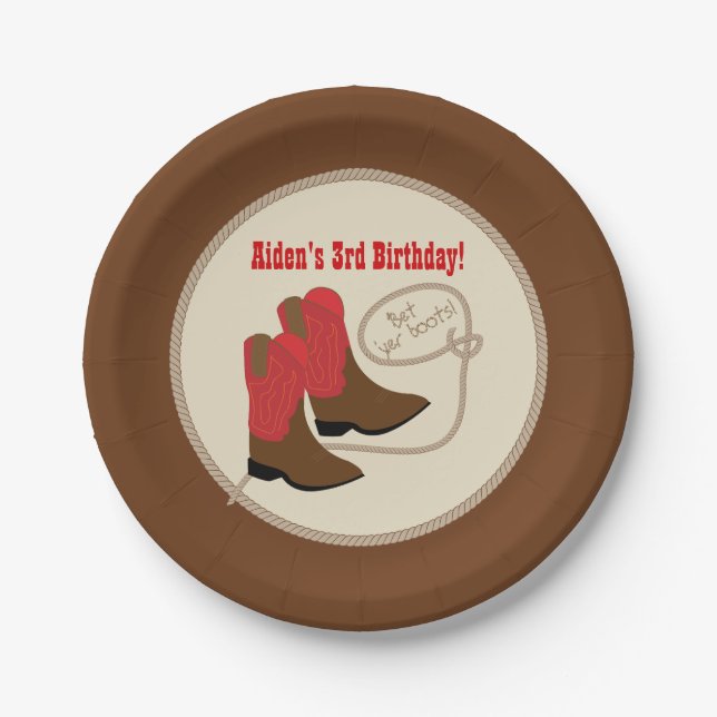 Red Cowboy Boots Western Birthday Party Paper Plate (Front)