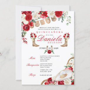 Red Cowgirl Boots & Ropes Mariachi Quinceañera Invitation