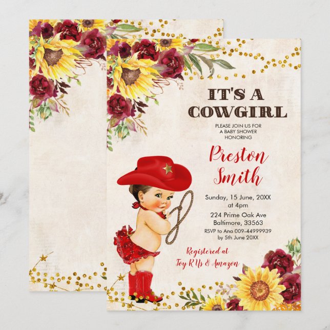 Red Cowgirl Brown Hair Rose&Sunflower Baby Shower  Invitation (Front/Back)