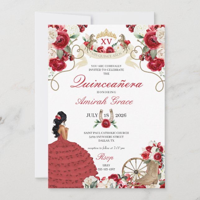 Red Cowgirl Princess Western Quinceañera Invitation (Front)