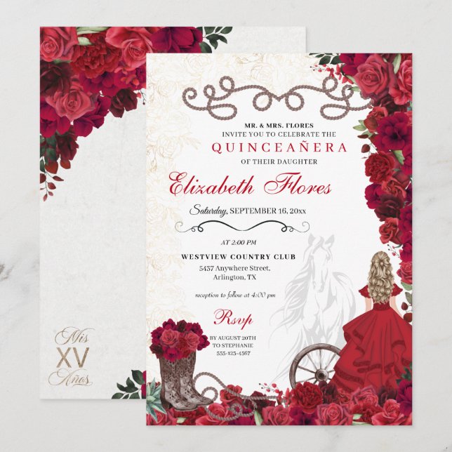 Red Cowgirl Ranchero Western Quinceanera Invitation (Front/Back)