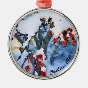 Red Crab Apple Berries in Snow Watercolor Metal Tree Decoration
