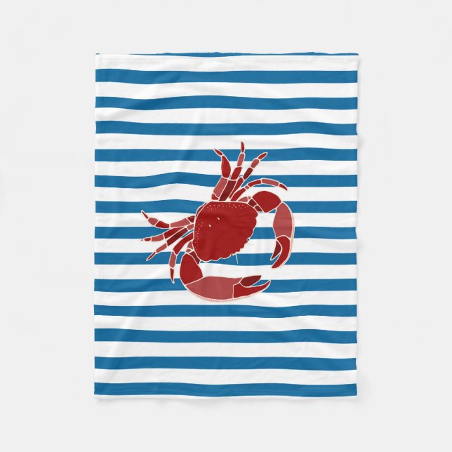Red Crab Blue and White Stripe Fleece Blanket (Front)