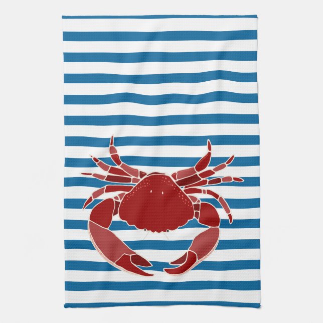 Red Crab Blue and White Stripe Kitchen Towel (Vertical)