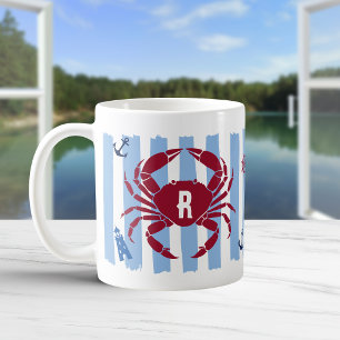 Red Crab Blue Stipes Maritime Icons Monogram Coffee Mug