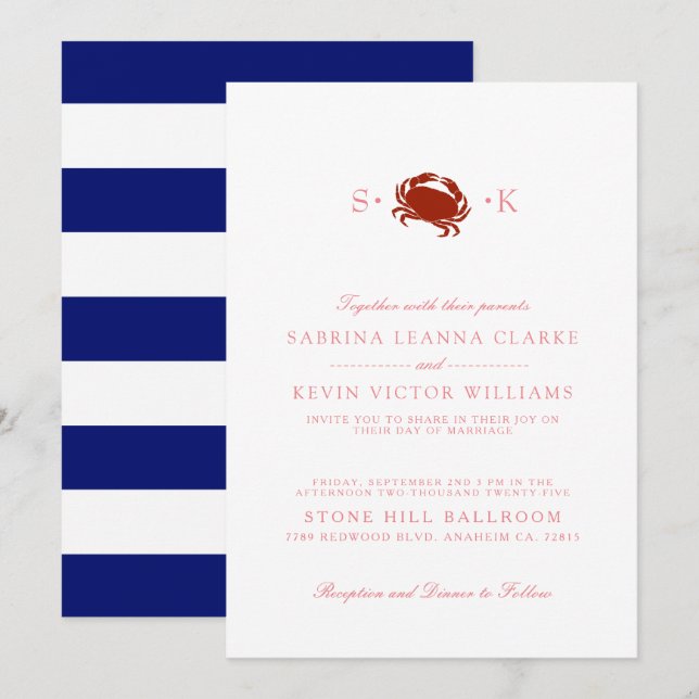 Red Crab | Blue Stripes Wedding Invitation (Front/Back)