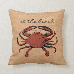 Red Crab Illustration - Nautical Burlap Beach Home Cushion