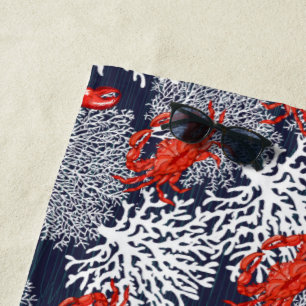 Red Crab Lobster Coral Pattern Navy Personalised Beach Towel