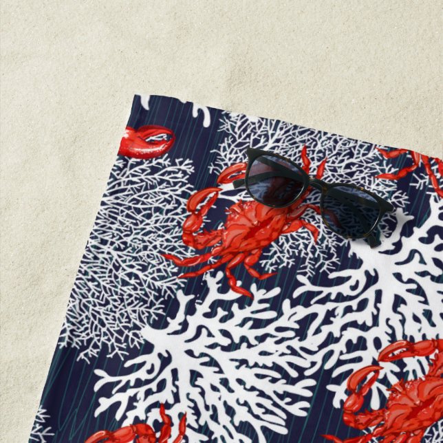 Red Crab Lobster Coral Pattern Navy Personalised Beach Towel (In Situ)