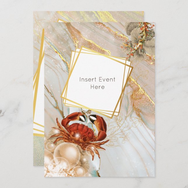 Red crab marble gold marine sea life party invitation (Front/Back)