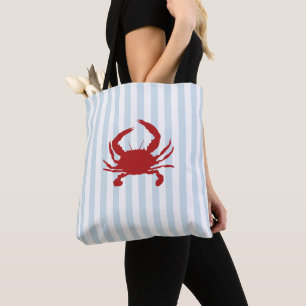 Red Crab Nautical Blue Stripe Whale Beach Vibes Tote Bag