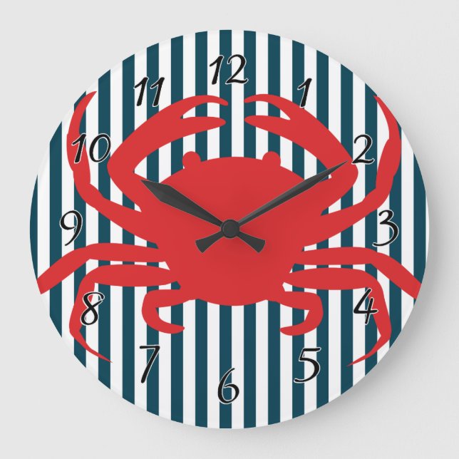 Red Crab on Nautical Stripes Large Clock (Front)