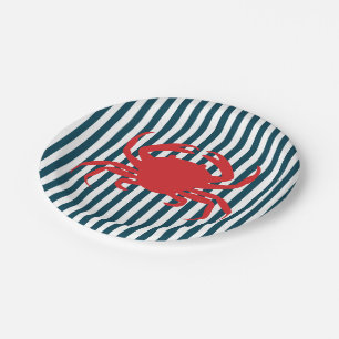 Red Crab on Nautical Stripes Paper Plate