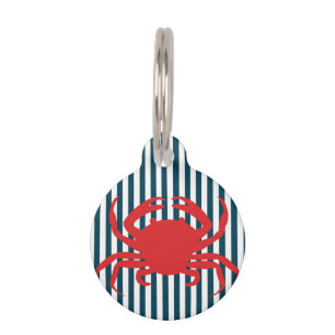 Red Crab on Nautical Stripes Pet Tag