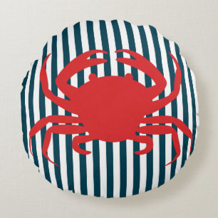 Red Crab on Nautical Stripes Round Cushion