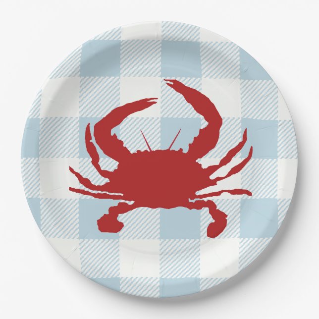 Red Crab Painting Nautical Blue Gingham Coastal Paper Plate (Front)