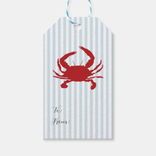 Red Crab Painting Nautical Blue Stripe Coastal Gift Tags