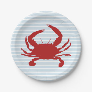 Red Crab Painting Stripe Nautical Paper Plate