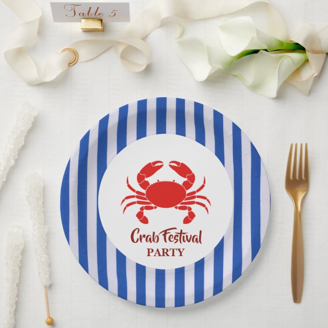 Red Crab Seafood  Nautical Blue navy Stripes Party Paper Plate (Wedding)
