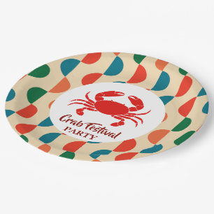 Red Crab Seafood  Nautical Stripes geometric Party Paper Plate