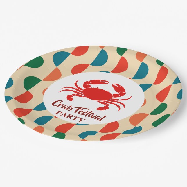 Red Crab Seafood  Nautical Stripes geometric Party Paper Plate (Angled)
