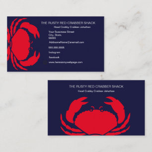 Red Crab Seafood Navy Blue White Simple Nautical B Business Card