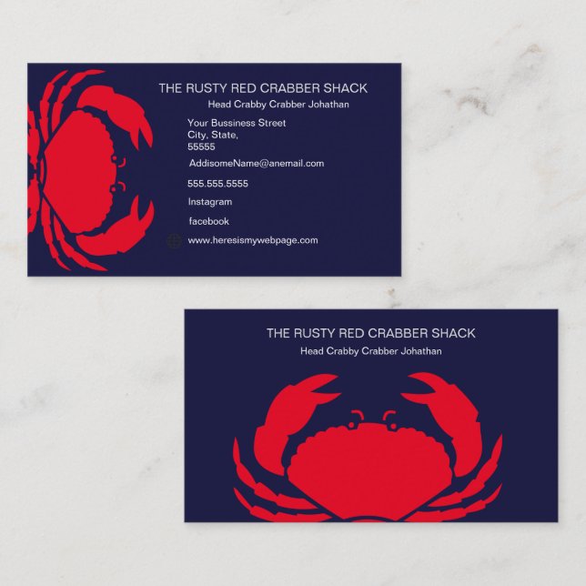 Red Crab Seafood Navy Blue White Simple Nautical B Business Card (Front/Back)