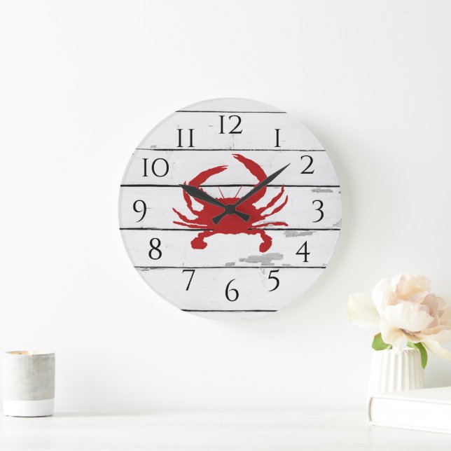 Red Crab Ship Beach Rustic Painting Large Clock (Home)