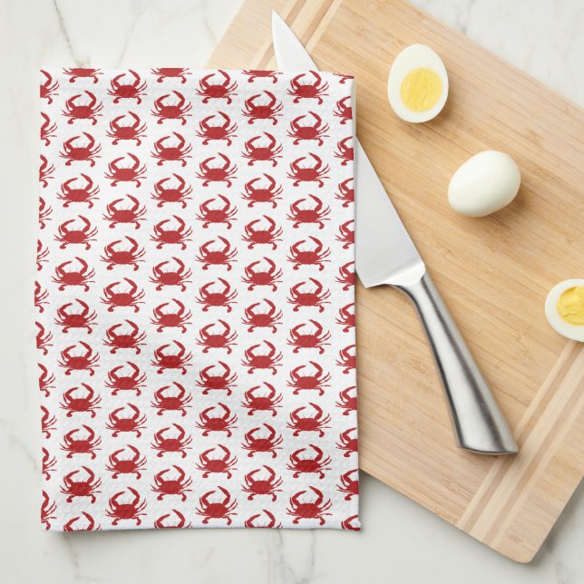 Red Crab Silhouette Monogram Pattern Beach Tea Towel (Quarter Fold)