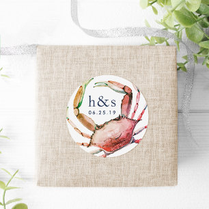 Red Crab Wedding Monogram Classic Round Sticker