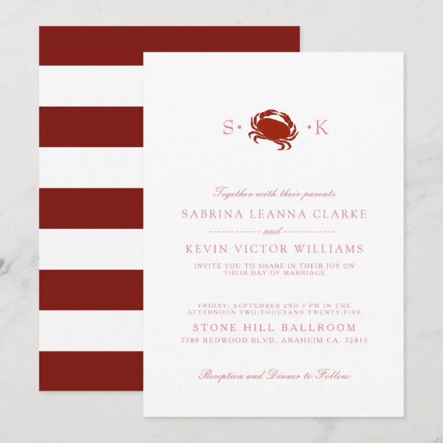 Red Crab | White Wedding Invitation (Front/Back)
