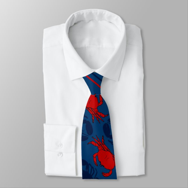Red Crabs Navy Blue Lobsters Tie (Tied)
